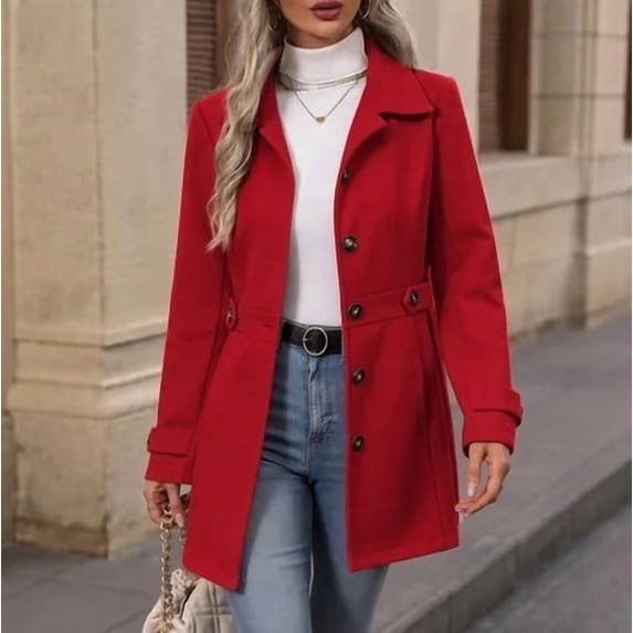 Puyaiuu Women Solid Turn Down Lapel Collar Mid‑Length Single Faced ...