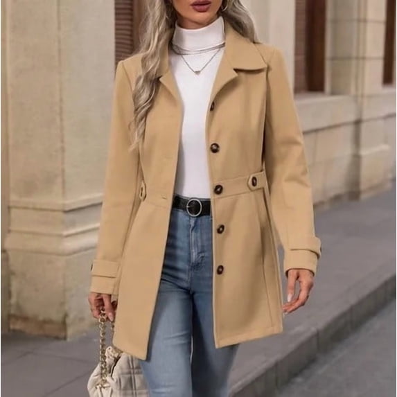 Puyaiuu Women Solid Turn Down Lapel Collar Mid‑Length Single Faced ...