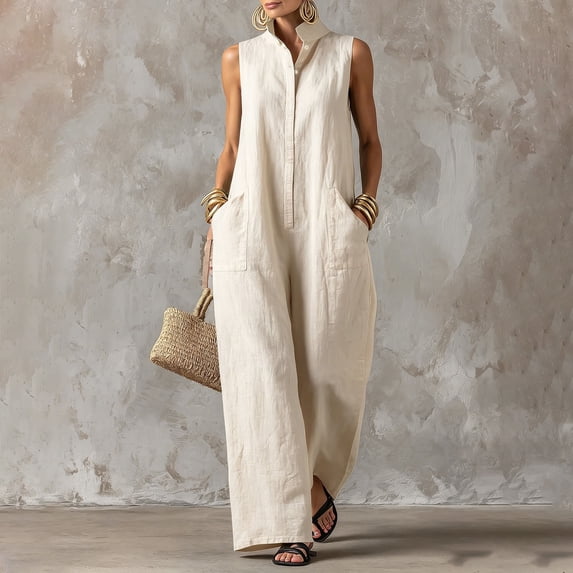 Puyaiuu Women Summer Stand Collar Button Front Sleeveless Wide Leg Linen Blend Jumpsuit White M Gift