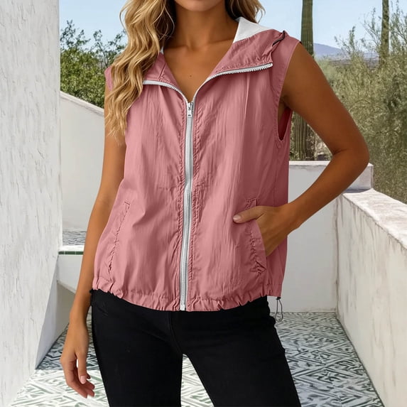 Puyaiuu Women Vest Sleeveless Zip Up Hooded Windbreaker Jacket Mesh Lining Drawstring Hem Lightweight Sun Protection Casual Outerwear For Spring And Summer Gift