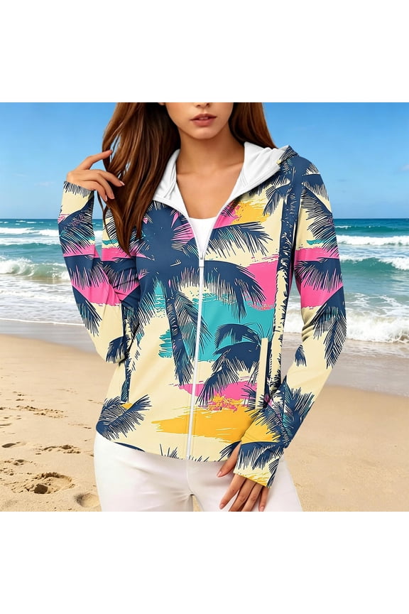 Women Vintage Color Block Palm Tree Print Zip Up Hooded Outdoor Sun Protection Long Sleeve Jacket With Thumb Holes Green M Gift