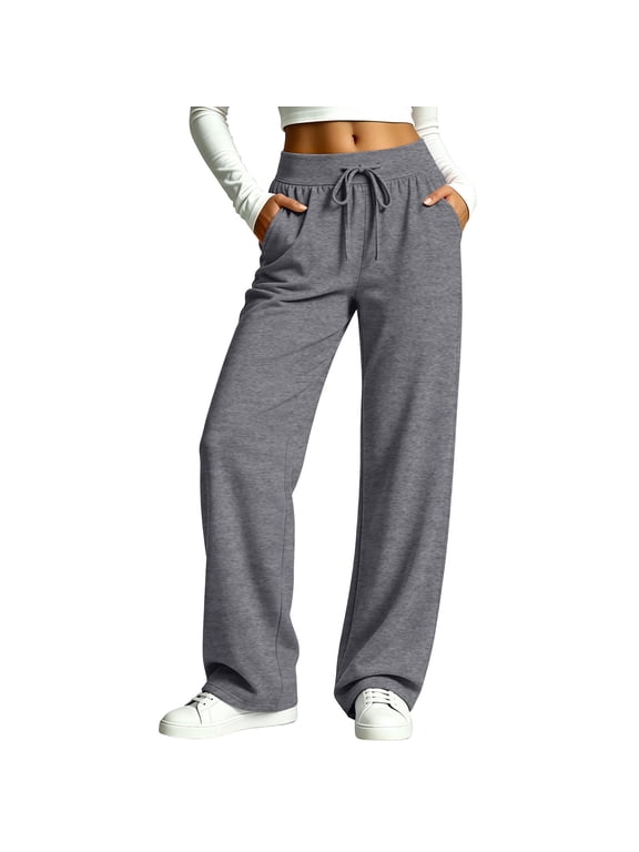 Women Wide Leg Sweatpants Loose Womens Relax Fit Jogger Pants High Waist Drawstring Polyester Knit Pockets Casual Trousers Dark Gray S Gift