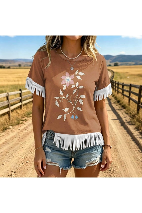 Women Wildflower Graphic Fringe Trim Crew Neck Short Sleeve Casual Summer T Shirt Khaki M Gift