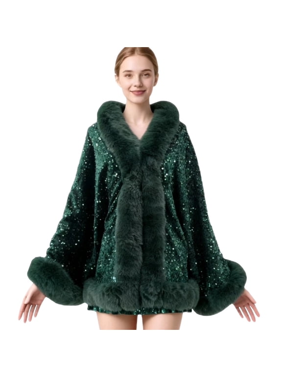 Women Winter Fleece Lined Sequin Cape Shawl Faux Fur Trim Warm Cloak Outerwear Wrap Cardigan Army Green Free Size Gift