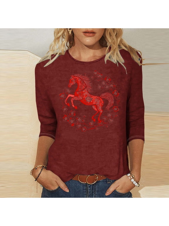 Women's 2026 Print Tees, Three Quarter Sleeve Blouses with Relaxed Fit, Lightweight Summer Tops for Spring, Cute Holiday Shirts for Party Outings Gift