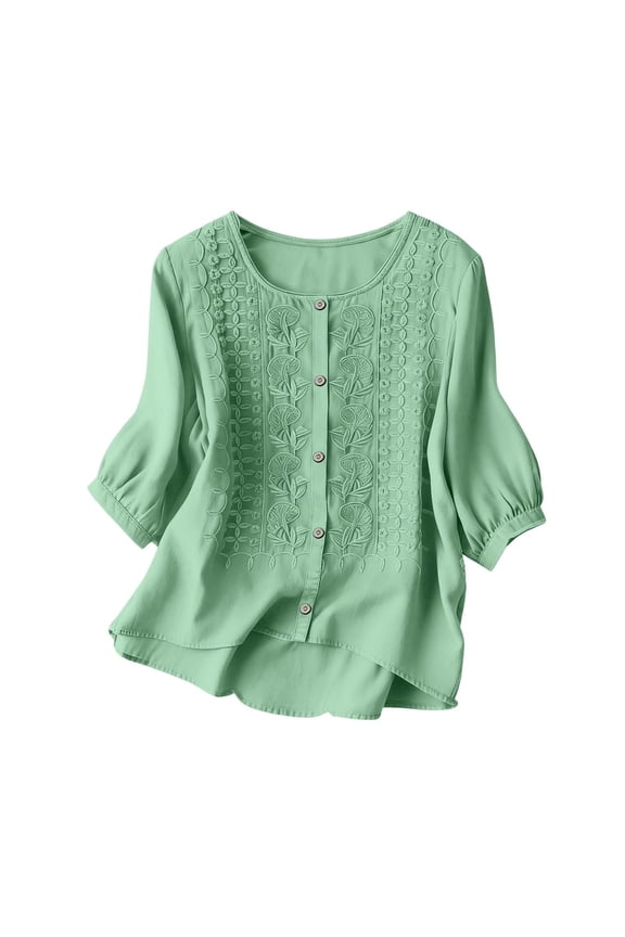 Women's 3/4 Sleeve Button Front Cardigans with Heavy Embroidery, Solid Color Linen Blend Blouses with Round Neck, Soft Breathable Open Front Tops for Spring Summer Gift