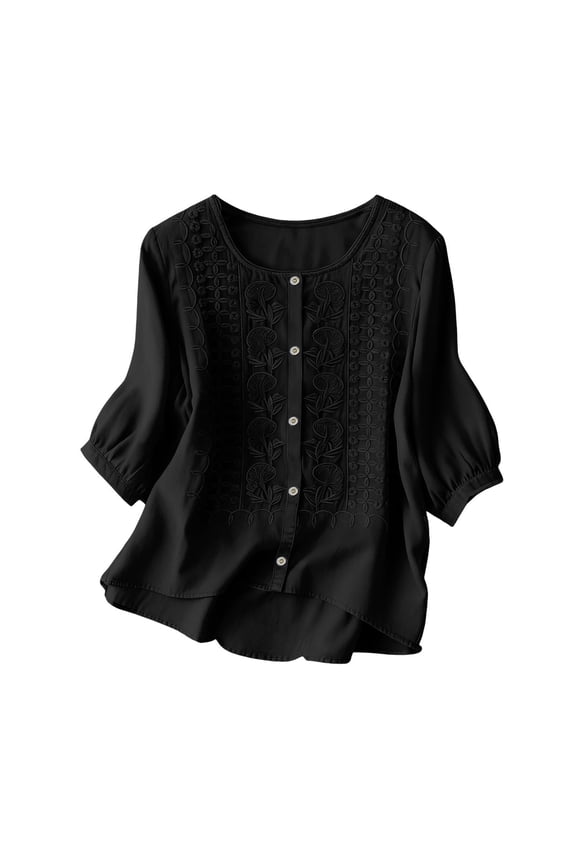 Women's 3/4 Sleeve Button Front Cardigans with Heavy Embroidery, Solid Color Linen Blend Blouses with Round Neck, Soft Breathable Open Front Tops for Spring Summer Gift
