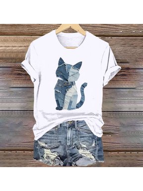 Women's Cute Cat Denim Patchwork Art Crewneck Funny T-Shirt Gift