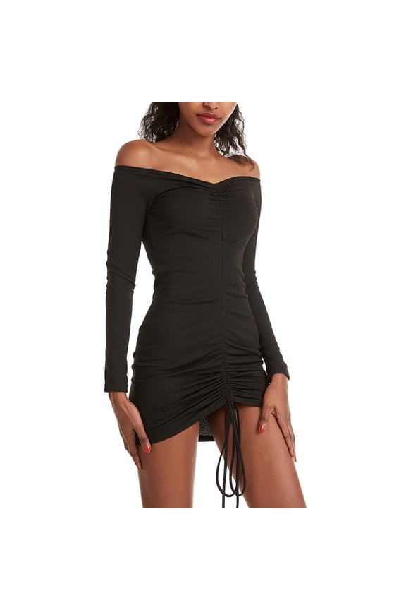 Women's Off-the-Shoulder Long Sleeve Bodycon Mini Dress, Ruched Drawstring Hem with Ribbed Knit Fabric, Chic Cocktail and Date Night Attire Gift