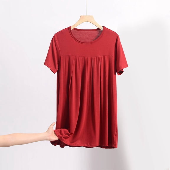 Puyaiuu Women's Plus Size Round Neck Pleated Tops, Casual Loose Blouses with Soft Breathable Fabric, Short Sleeve Summer Tees for Spring, Cute Flowy Shirts Gift