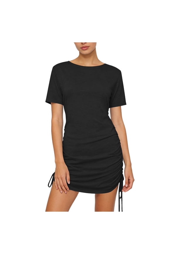 Women’s Ruched Drawstring Mini Dress, Short Sleeve Round Neck Adjustable Side Tie Slim Fit, Soft Stretchy Breathable Fabric, Versatile Solid Color Casual Daily Wear, Spring Summer Party Gift