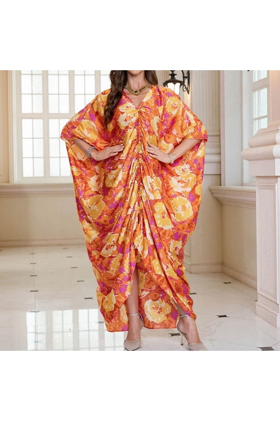 Women's Satin Drawstring V Neck Maxi Dress, Flowy Plus Size Beach Cover Up Long Gown, Abstract Printed Loose Batwing Sleeve Ankle Length, Side Slit Breezy Summer Vacation Party Wear Gift
