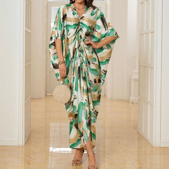Puyaiuu Women's Satin V Neck Maxi Dresses, Drawstring Loose Plus Size Beach Cover Ups, Abstract Printed Batwing Sleeve Ankle Length, Side Slit Flowy Breezy Summer Vacation Party Gift