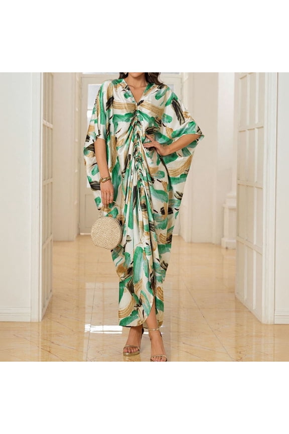 Women's Satin V Neck Maxi Dresses, Drawstring Loose Plus Size Beach Cover Ups, Abstract Printed Batwing Sleeve Ankle Length, Side Slit Flowy Breezy Summer Vacation Party Gift