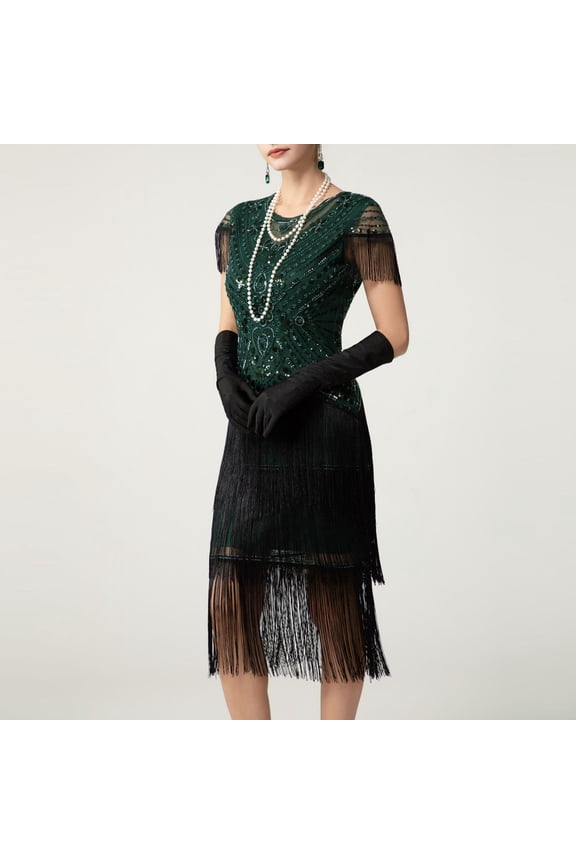 Women's Sequin Fringe Flapper Dresses, Round Neck Short Sleeve Tiered 1920s Gatsby, Sparkly Beaded Mesh Swing Cocktail, Flattering Vintage Party Halloween Evening Costume Gift
