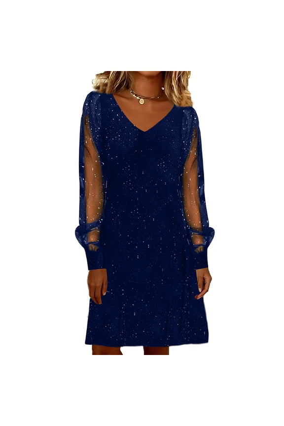 Women's Sequin Mesh V-Neck Mini Dress, Glitter Long Sleeve Party Gown, Sparkling Holiday Attire for Spring Weddings Gift