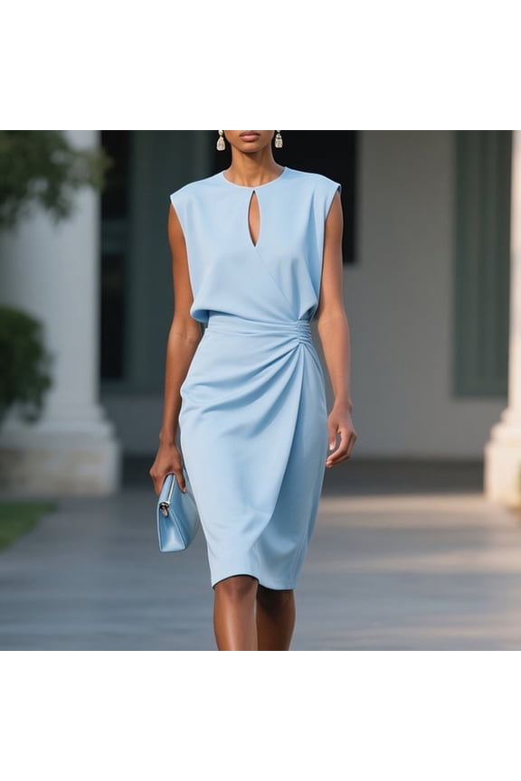Women's Sheath Midi Dress, Keyhole Neck Sleeveless Ruched Waist Formal Gown, Solid Color Office Attire for Business, Wedding Guest and Semi-Formal Events Gift