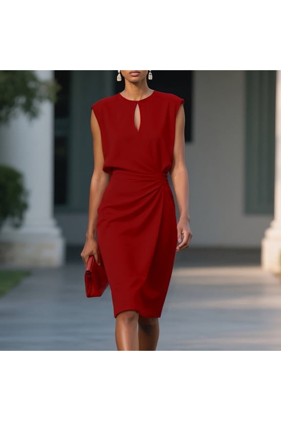 Women's Sheath Midi Dress, Keyhole Neck Sleeveless Ruched Waist Formal Gown, Solid Color Office Attire for Business, Wedding Guest and Semi-Formal Events Gift