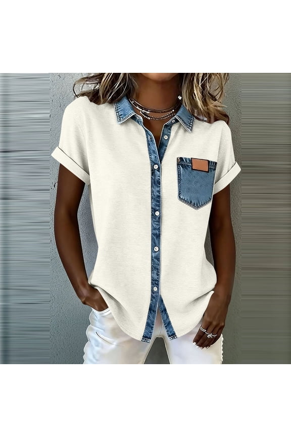 Women's Short Sleeve Button Down Shirts with Denim Print, Lapel Collar Blouses with Color Block Patchwork, Soft Stretchy Casual Tops with Faux Denim Style for Spring Summer Gift
