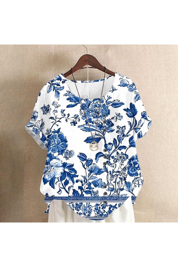 Women's Short Sleeve Button Down Tops, Casual Linen Blend Blouses with Round Neck, Soft Lightweight Tees for Spring, Cute Comfy Shirts for Summer Daily Wear Gift