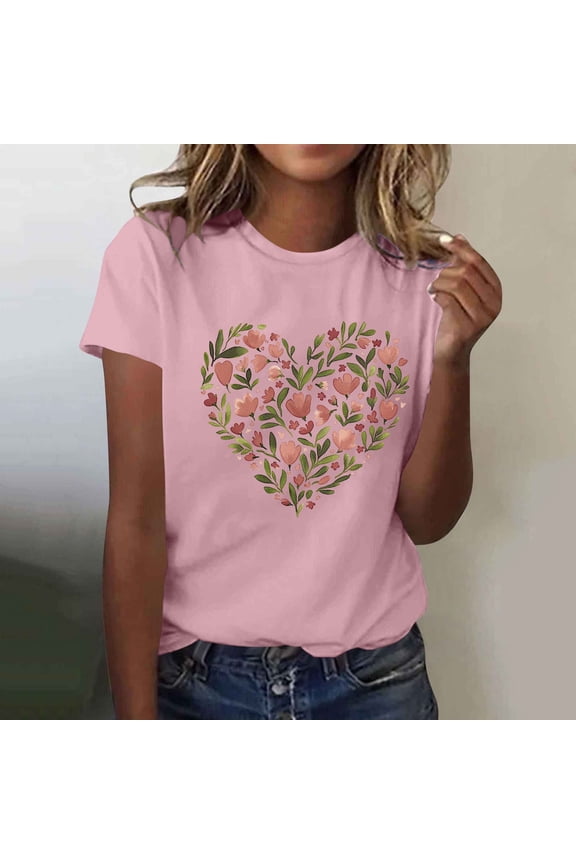 Women's Short Sleeve Heart Print Tops, Casual Round Neck Tees with Soft Stretchy Fabric, Lightweight Summer Blouses for Spring, Cute Romantic Shirts for Daily Wear Gift