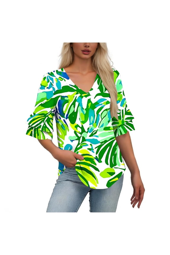 Women's Short Sleeve Layered Tops, Casual V Neck Blouses with Flutter Sleeve Detail, Soft Loose Fit Tees for Spring, Cute Flowy Shirts for Summer Daily Wear Gift