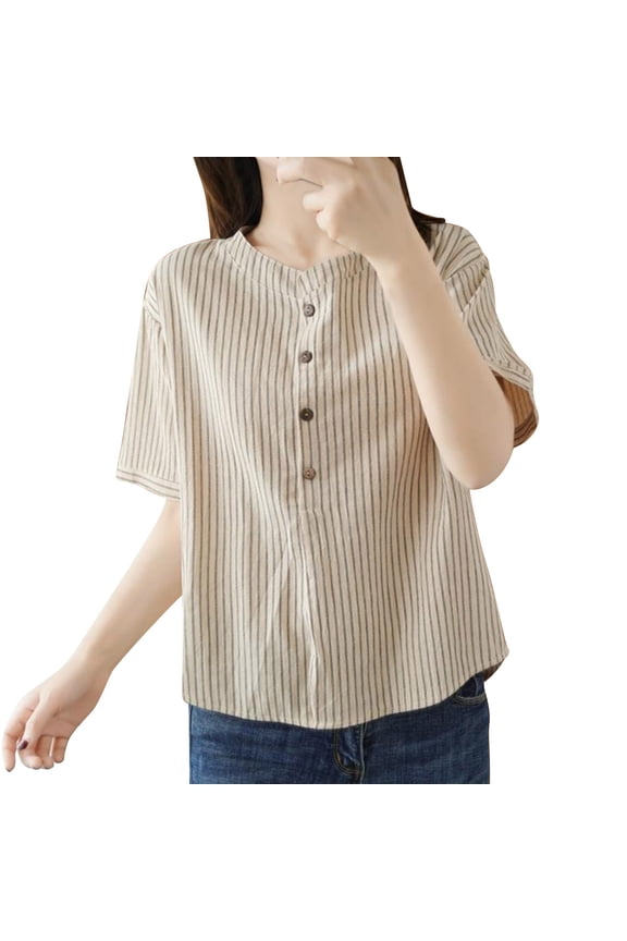 Women's Short Sleeve Patchwork Tops, Casual Round Neck Blouses with Stripe Detail, Soft Lightweight Linen Tees for Spring, Cute Asymmetric Shirts for Summer Daily Wear Gift