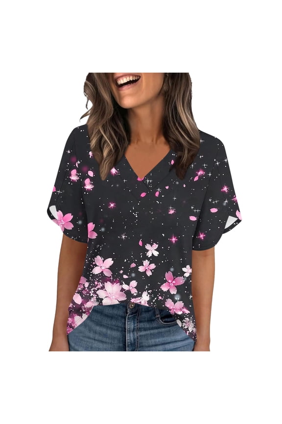 Women's Short Sleeve Ruffle Tops, Casual V Neck Blouses with Floral Print, Soft Lightweight Fabric Tees for Spring, Cute Frilly Shirts for Summer Daily Wear Gift