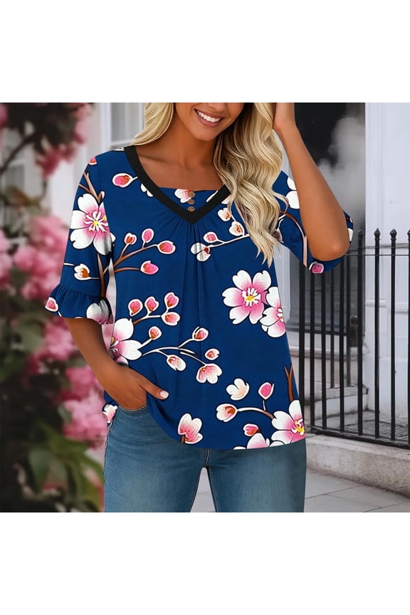 Women's Short Sleeve T Shirts with Flared Bell Sleeves, Printed Round Neck Blouses with Chest Pleat Detail, Soft Stretchy Tops with Five Quarter Length for Spring Summer Gift