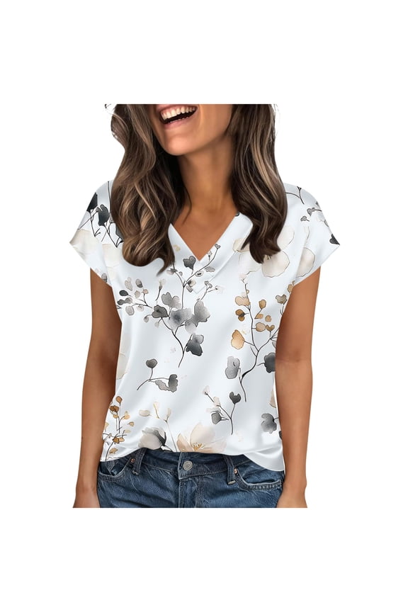 Women's Short Sleeve V Neck Satin Tops, Floral Print Blouses with Tie Waist Detail, Lightweight Summer Shirts for Spring, Cute Dressy Tees for Daily Wear Gift