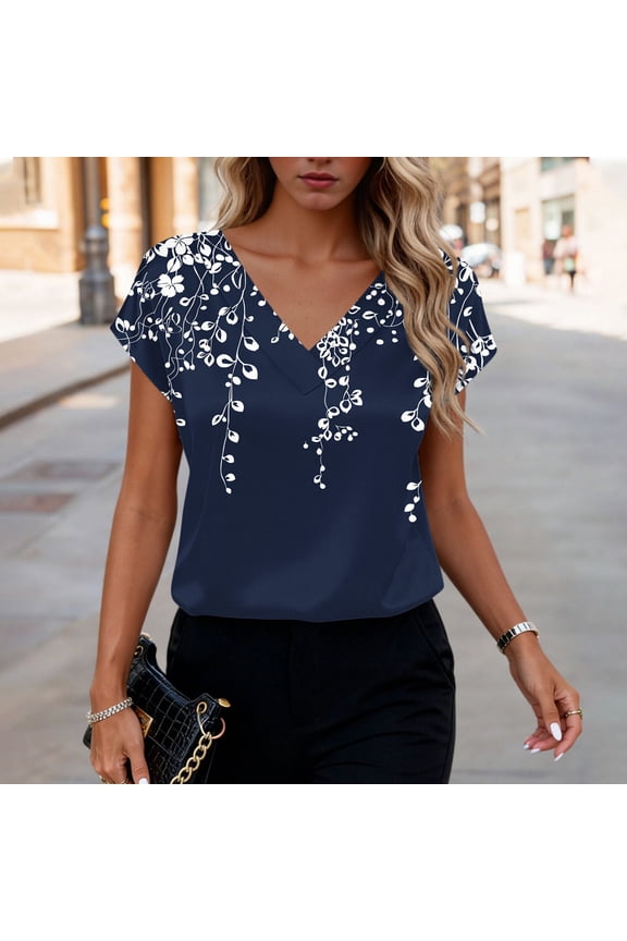 Women's Short Sleeve V Neck Satin Tops, Floral Print Blouses with Tie Waist Detail, Lightweight Summer Shirts for Spring, Cute Flowy Tees for Daily Wear Gift