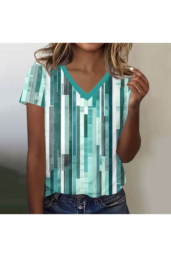 Women's Short Sleeve V Neck Tops, Casual Loose Blouses with Unique Print, Soft Summer Button Tees for Spring, Cute Flowy Shirts for Daily Wear Gift