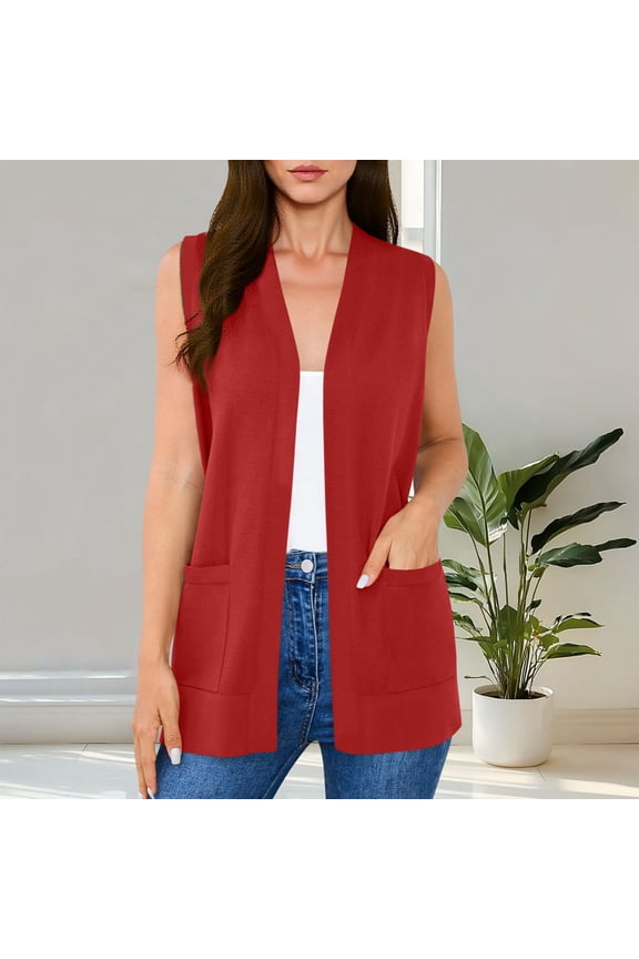Women's Sleeveless Cardigans with Front Pockets, Solid Color Casual Open Front Blouses with Soft Stretchy Fabric, Lightweight Vests for Spring Summer, Daily Party Vacation Gift