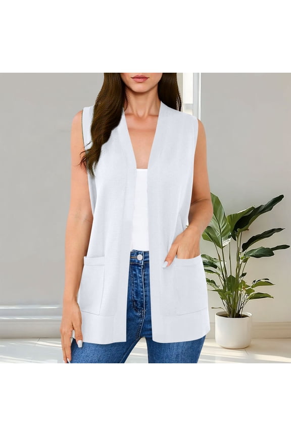 Women's Sleeveless Cardigans with Front Pockets, Solid Color Casual Open Front Blouses with Soft Stretchy Fabric, Lightweight Vests for Spring Summer, Daily Party Vacation Gift