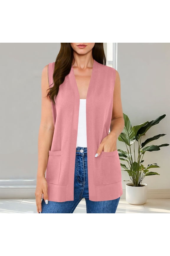 Women's Sleeveless Cardigans with Front Pockets, Solid Color Casual Open Front Blouses with Soft Stretchy Fabric, Lightweight Vests for Spring Summer, Daily Party Vacation Gift