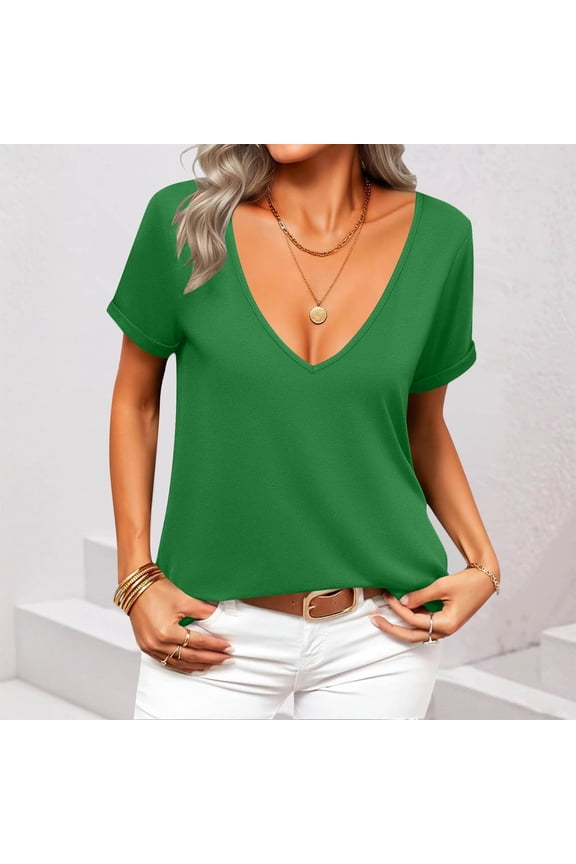 Women's Solid Color V Neck Blouse, Casual Short Sleeve Summer Top, Lightweight Nylon Shirt for Daily Work Vacation Gift