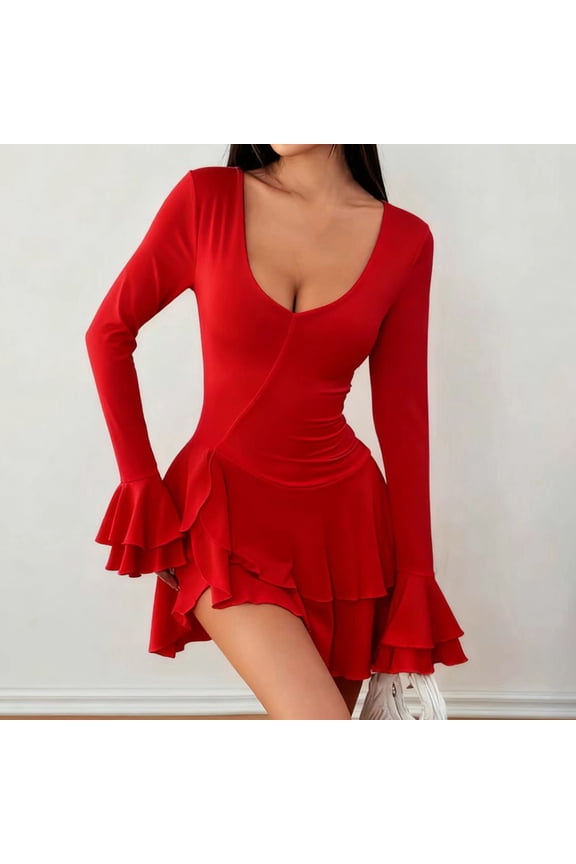 Women's Tiered Hem Dress, Round Collar Long Sleeve Pleated Layered Gown, Ruched Bodice Casual Party Dress for All Season Wear Gift