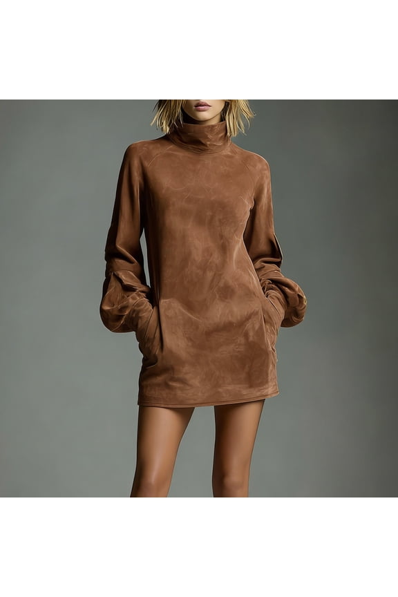 Women's Turtleneck Shift Dress, Long Sleeve Loose Fit Gown with Pockets, Faux Wool Dress for Fall Winter Holiday Gatherings Gift