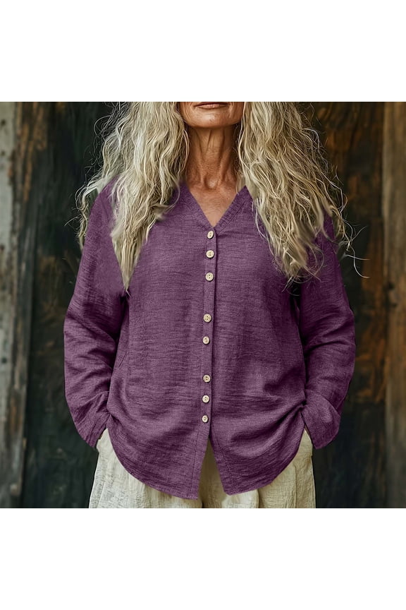 Women's V-Neck Linen Shirt, Long Sleeve Button Front Solid Top, Open Style Blouse for Spring Summer Daily and Office Wear Gift