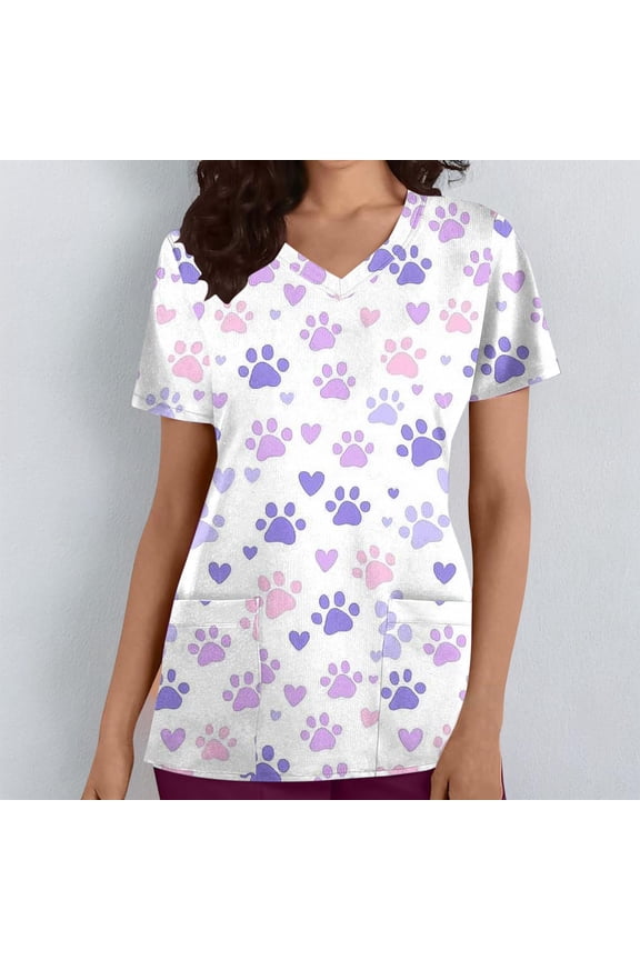 Women's V-Neck Nursing Tops with Pocket, Short Sleeve Printed Blouses for Medical Uniform, Loose Fit Soft Stretchy Shirts for Spring Summer, Daily Work Casual Wear Gift