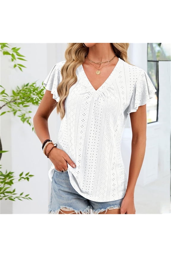 Women's V Neck Short Sleeve Blouse, Solid Color Casual Summer Top, Lightweight Nylon Shirt for Daily Work Vacation Gift