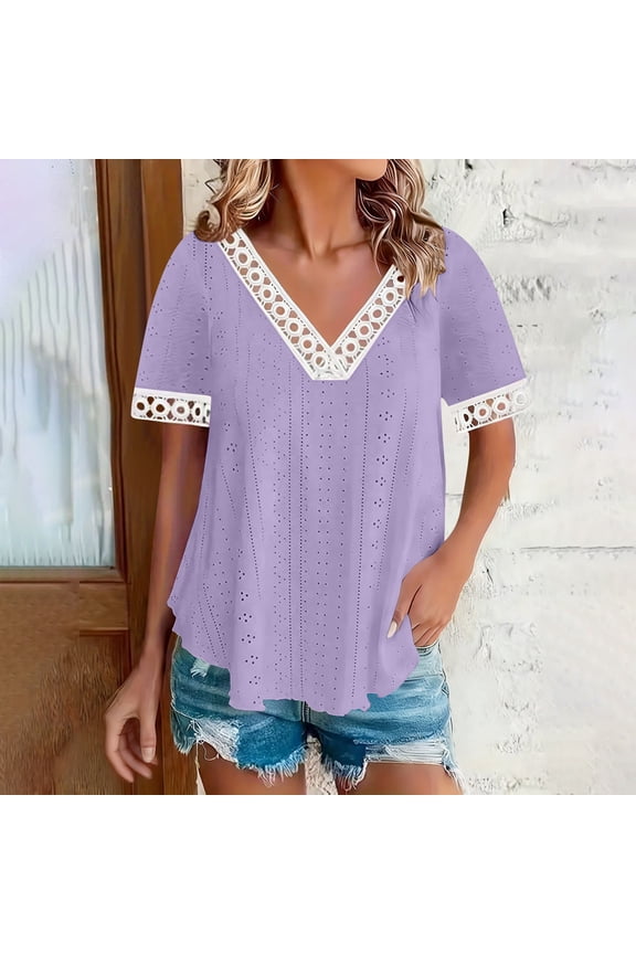 Women's V-Neck T Shirts with Hollow Out Detail, Short Sleeve Blouses with Lace Patchwork, Soft Stretchy Casual Tops for Spring Summer Fall, Daily Party Vacation Fashion Wear Gift