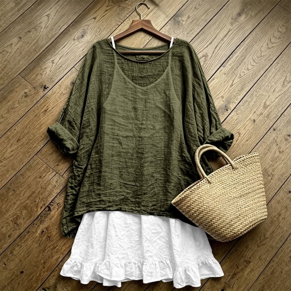 Puyaiuu Womens 2 Piece Outfit Oversized Roll Sleeve Top Ruffle Hem Mini Dress Casual Beach Matching Set Army Green L Gift