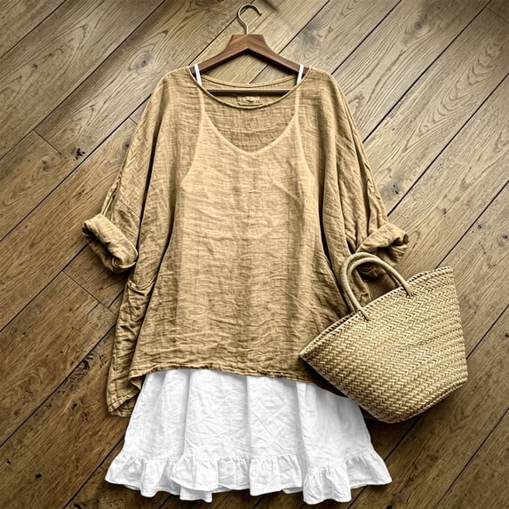 Puyaiuu Womens 2 Piece Outfit Oversized Roll Sleeve Top Ruffle Hem Mini Dress Casual Beach Matching Set Khaki L Gift