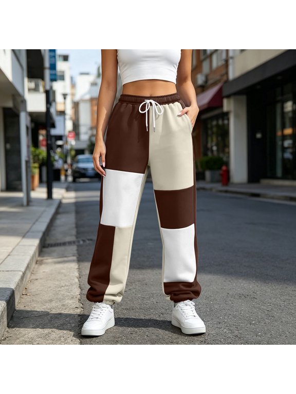 Womens Color Block Patchwork Print Drawstring Cuffed Jogger Sweatpants Winter Casual Trousers Brown M Gift