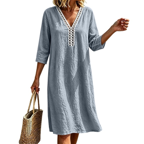 Puyaiuu Womens Loose Casual Lace V Neck 3/4 Sleeve Midi Dress With Side Pockets Gray XL Gift