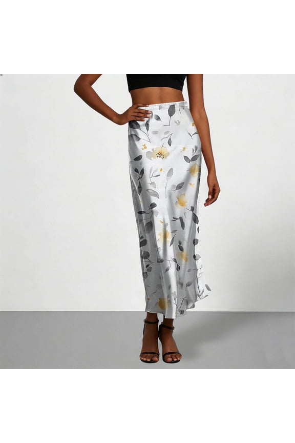 Womens Maxi Skirt Satin Fabric, High Rise Elastic Waist A Line Skirt, Flowy Ankle Length Long Skirt with Floral Print, Silky Casual Summer Skirt, Printed Satin Skirts for Women Gift