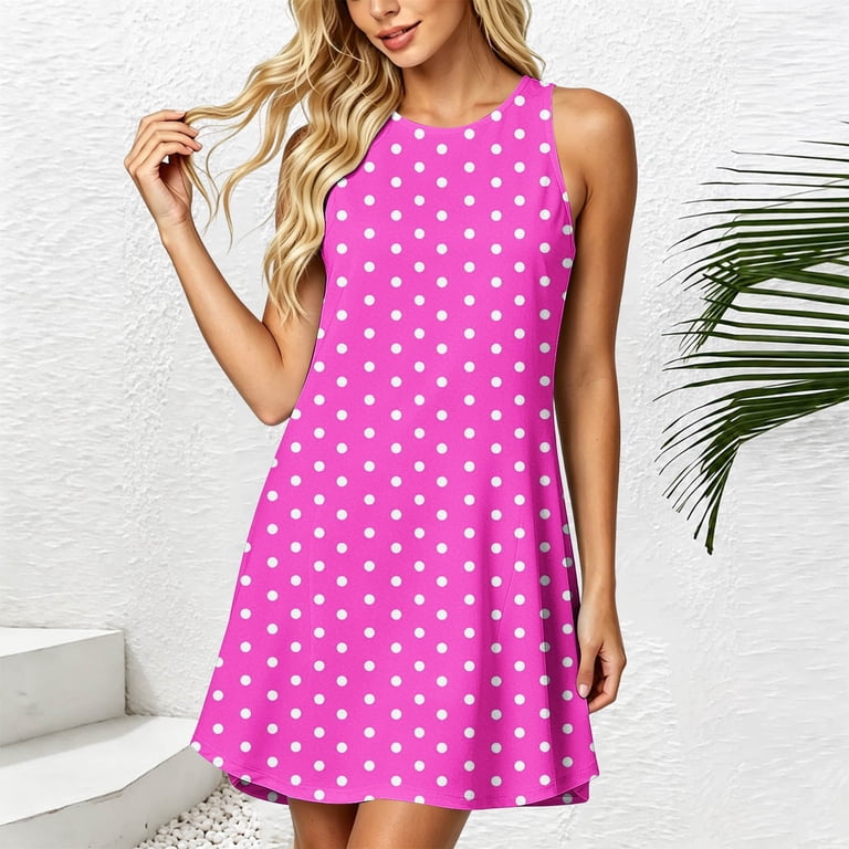 Puyaiuu Womens Polka Dot Print Crew Neck Sleeveless Pocket Swing Mini Dress Hot Pink XXL Gift