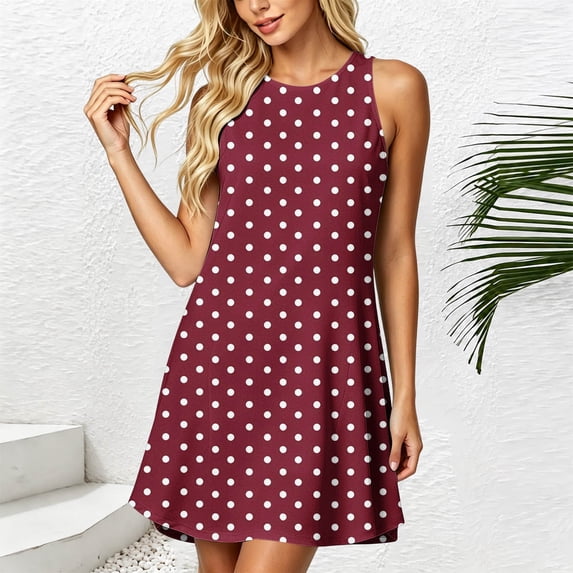 Puyaiuu Womens Polka Dot Print Crew Neck Sleeveless Pocket Swing Mini Dress Wine XXL Gift