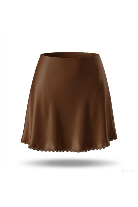 Womens Satin Mini Skirt, High Rise A Line Skirt with Lace Detail, Elastic Waistband Flowy Short Skirt, Solid Color Casual Skirt, Versatile Lace Trim Skirts for Women Gift